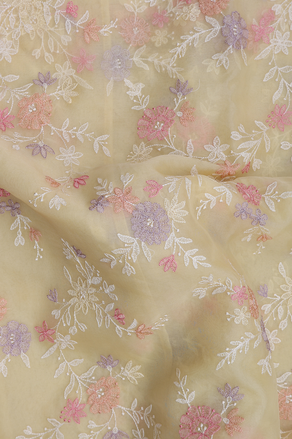 Organza Silk Saree In Pastel Yellow With Embroidered Design