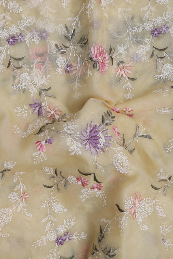 Organza Silk Saree In Pastel Yellow With Embroidered Design