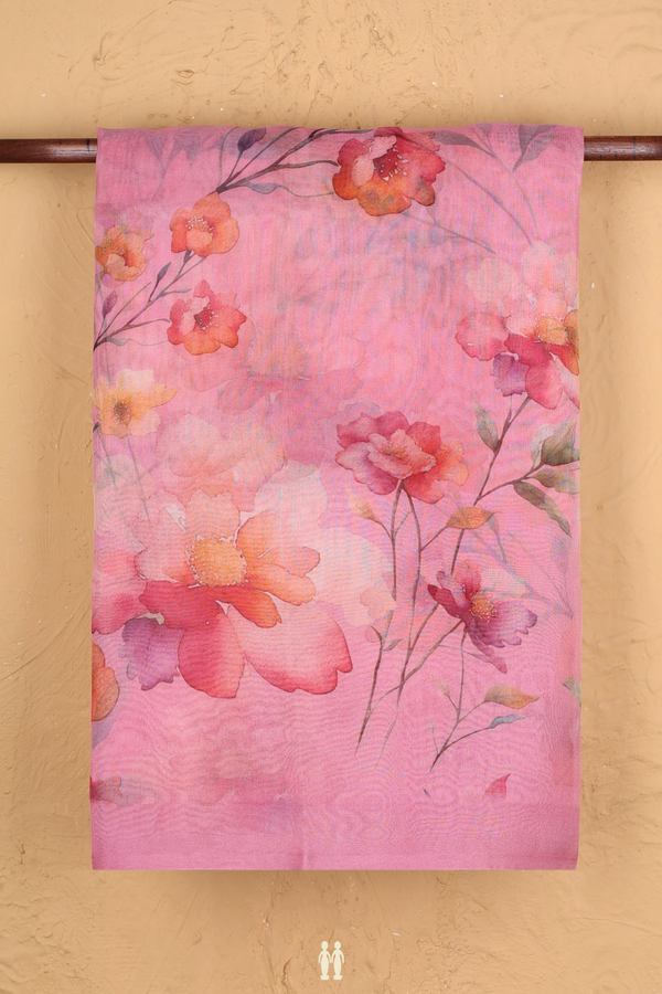 Organza Silk Saree In Pink With Floral Design