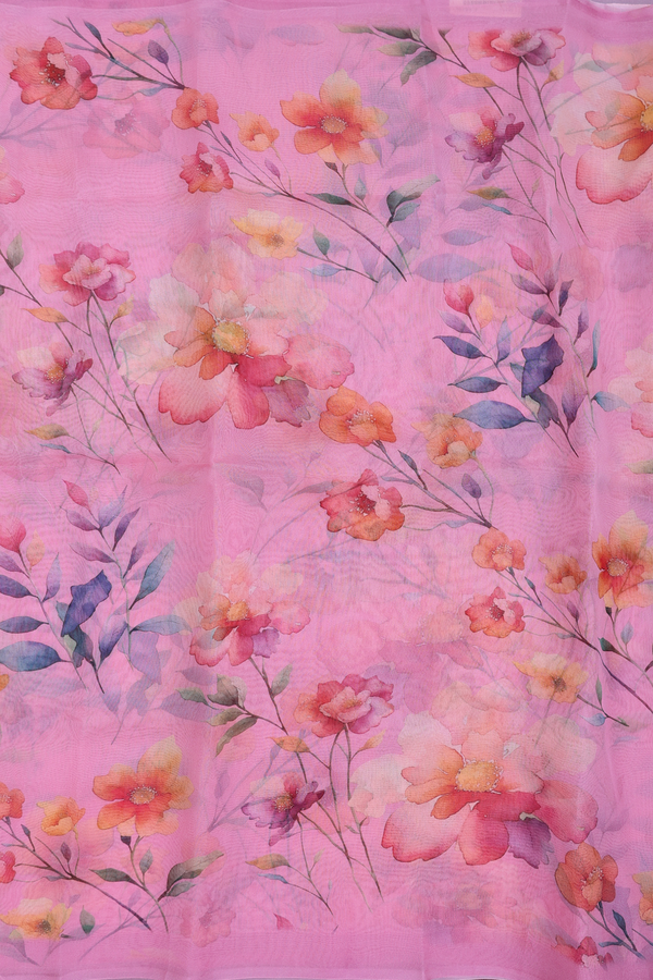 Organza Silk Saree In Pink With Floral Design