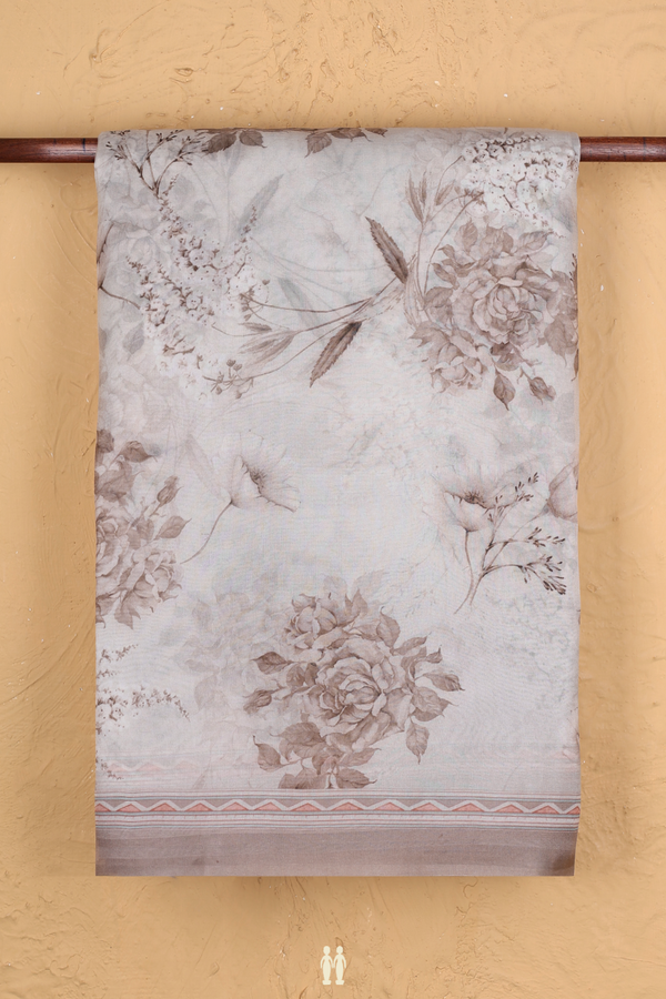 Organza Silk Saree In White With Floral Design