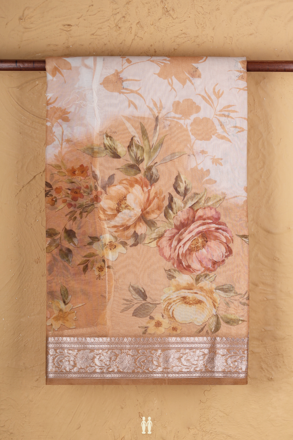 Organza Silk Saree In White With Floral Design