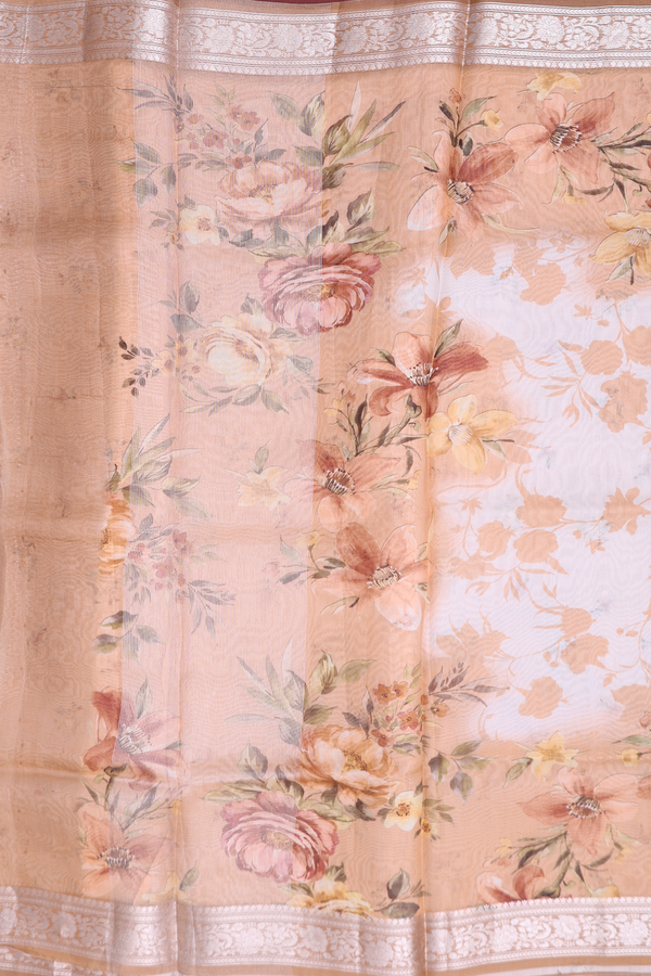 Organza Silk Saree In White With Floral Design