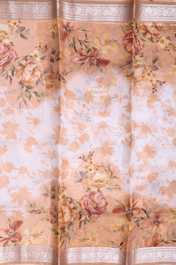 Organza Silk Saree In White With Floral Design
