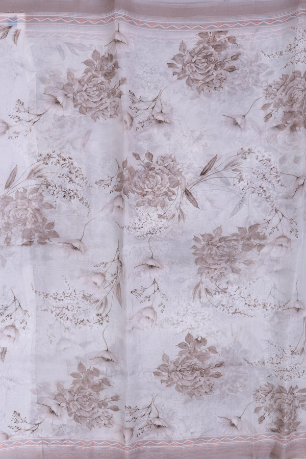 Organza Silk Saree In White With Floral Design