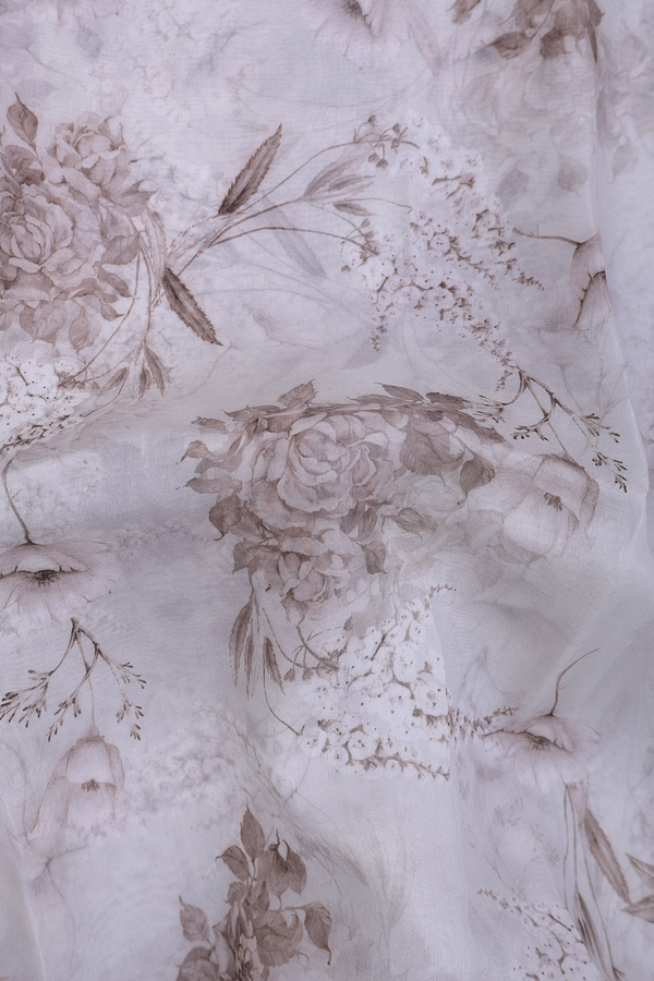 Organza Silk Saree In White With Floral Design