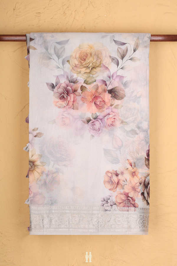 Organza Silk Saree In White With Floral Printed Design
