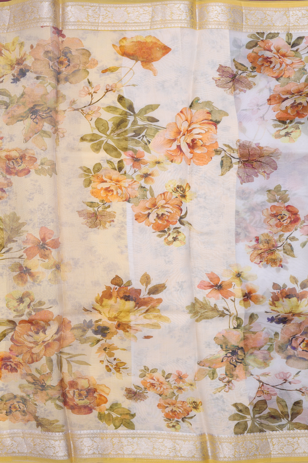 Organza Silk Saree In White With Floral Printed Design
