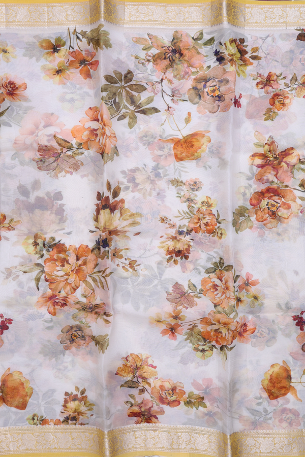 Organza Silk Saree In White With Floral Printed Design