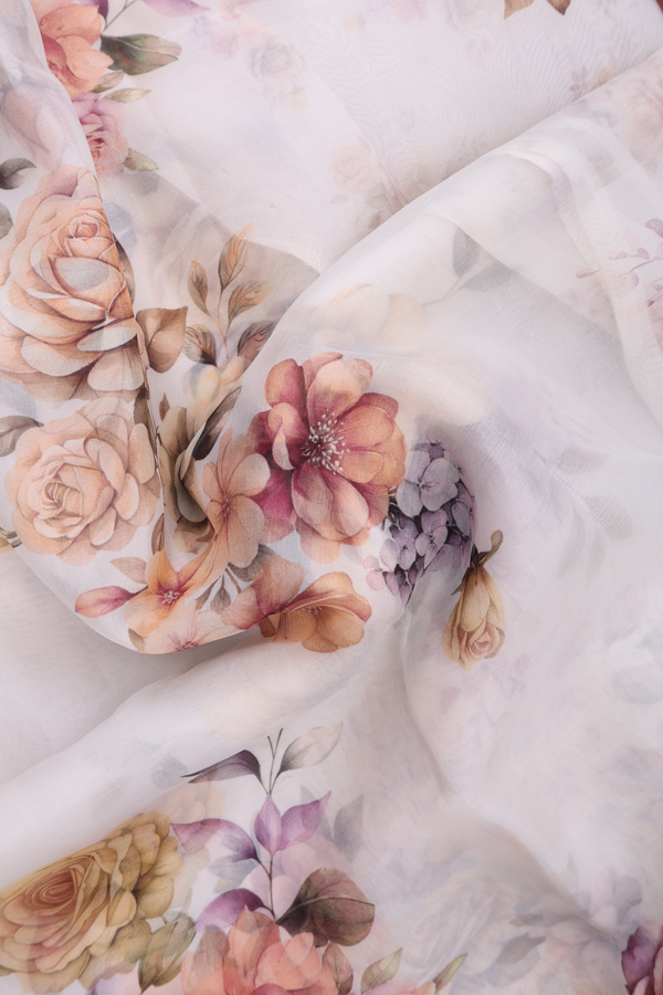 Organza Silk Saree In White With Floral Printed Design