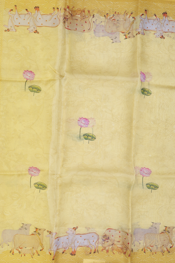 Organza Silk Saree In Yellow With Floral Design