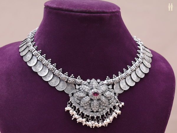 Lakshmi Kasu Malai Oxidized Pure Silver Necklace