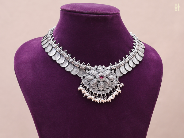 Lakshmi Kasu Malai Oxidized Pure Silver Necklace