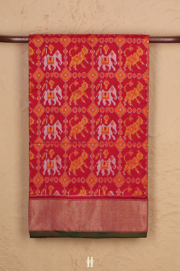 Pochampally Silk Saree In Chilli Red With Elephant Design