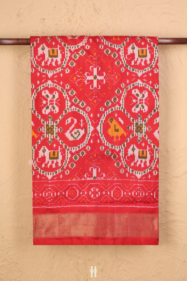 Pochampally Silk Saree In Scarlet Red With Ikat Design