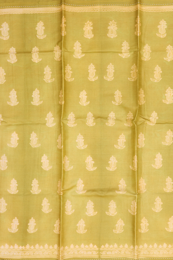 Tussar Silk Saree In Olive Yellow With Shibori Design
