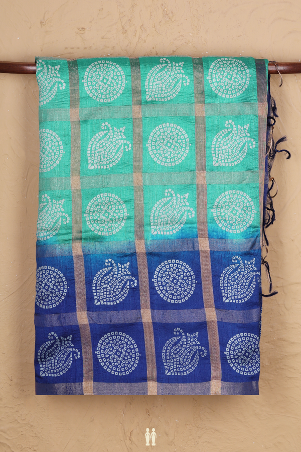 Tussar Silk Saree In Green With Checks Design