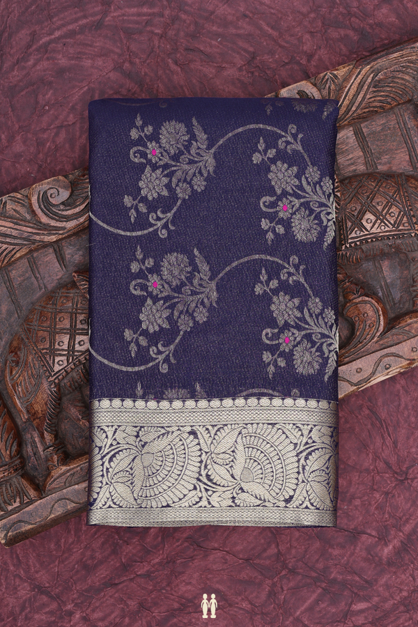Mysore Silk Saree In Oxford Blue With Floral Design