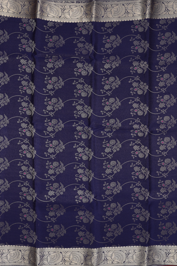 Mysore Silk Saree In Oxford Blue With Floral Design