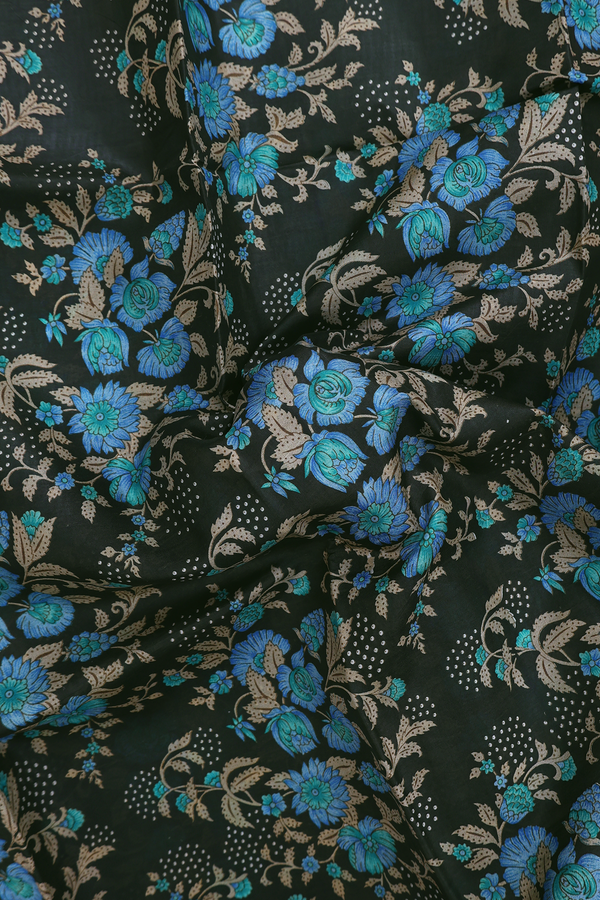 Printed Silk Saree In Dark Green With Floral Design