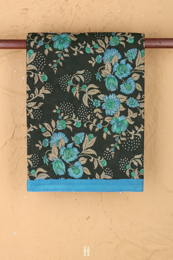 Printed Silk Saree In Dark Green With Floral Design