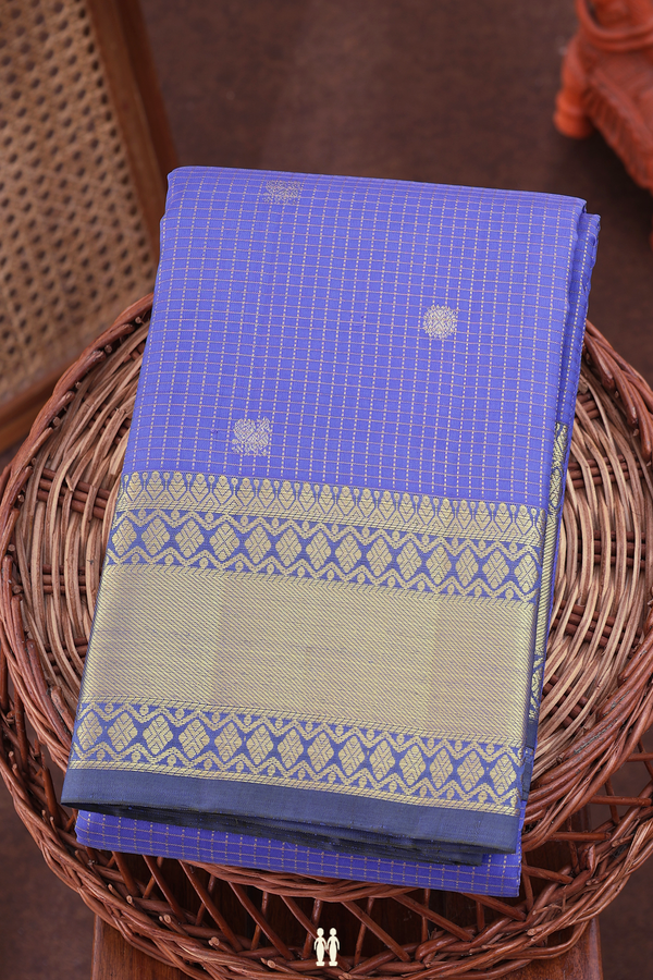 Kanchipuram Silk Saree In Misty Blue With Checks Design