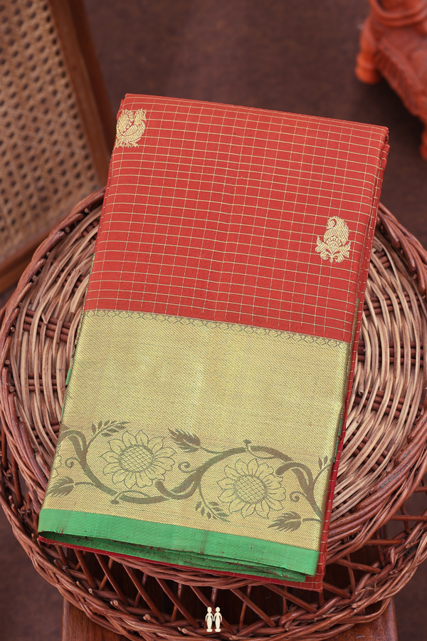 Kanchipuram Silk Saree In Rust Red With Checks Design