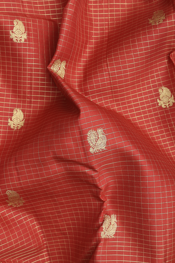 Kanchipuram Silk Saree In Rust Red With Checks Design