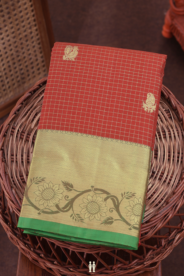Kanchipuram Silk Saree In Rust Red With Checks Design