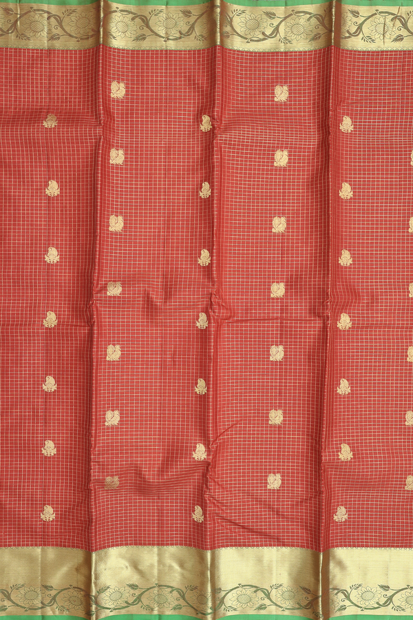 Kanchipuram Silk Saree In Rust Red With Checks Design