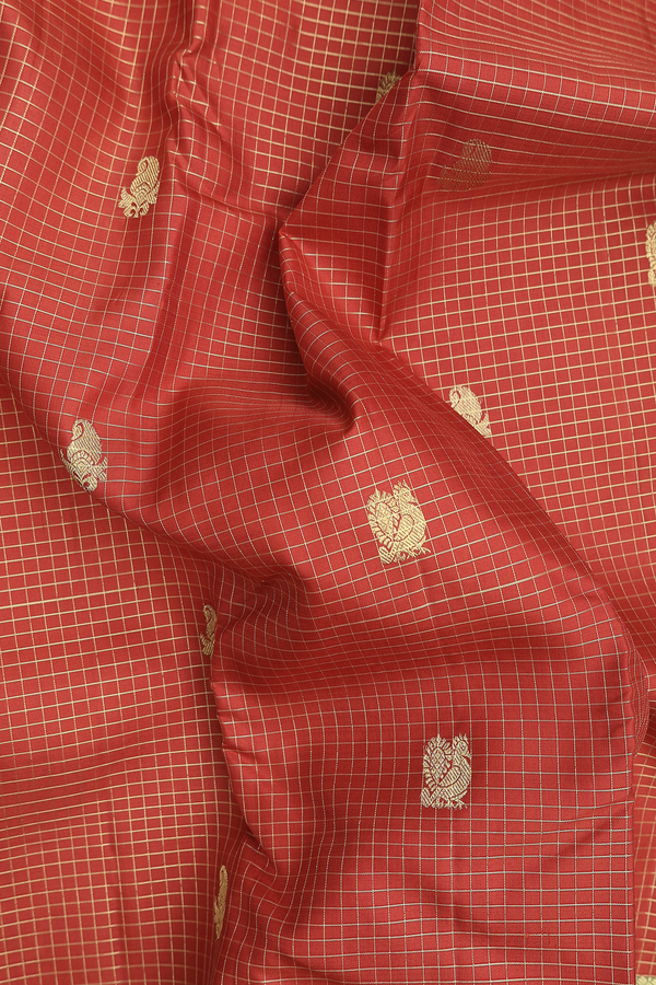 Kanchipuram Silk Saree In Rust Red With Checks Design