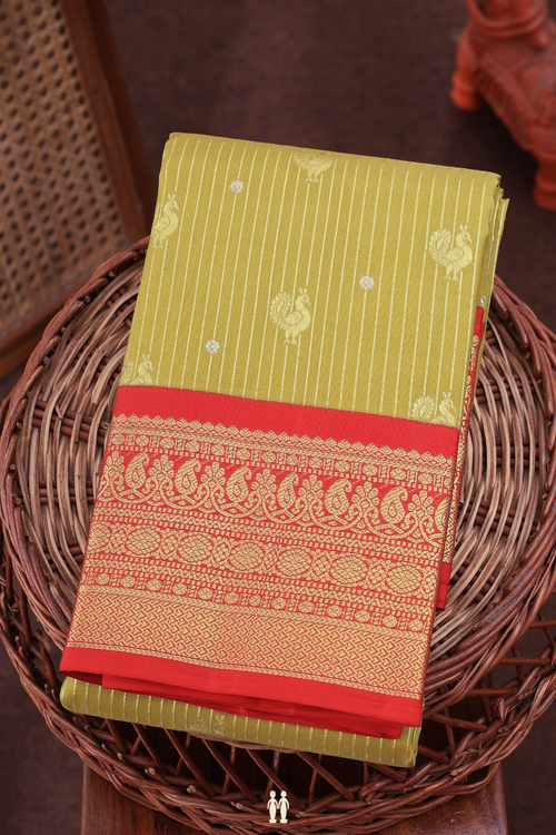 Kanchipuram Silk Saree In Pear Green With Stripes Design