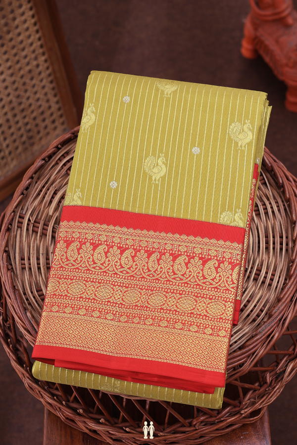 Kanchipuram Silk Saree In Pear Green With Stripes Design