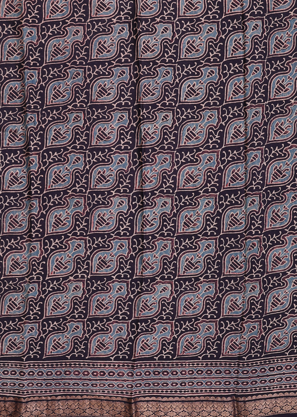 Crepe Saree In Dark Oak Brown With Ajrakh Printed Design