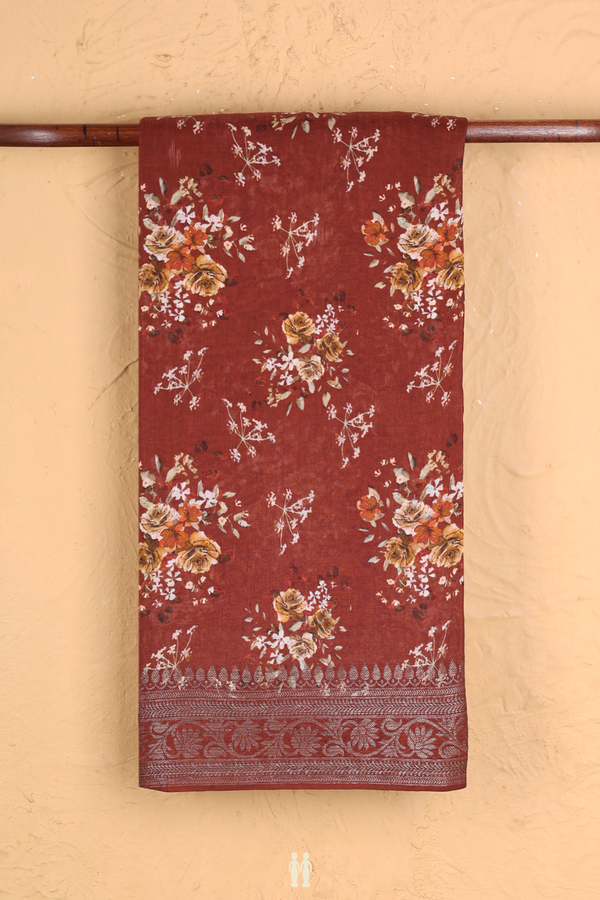 Chanderi Cotton Saree In Brick Brown With Floral Design