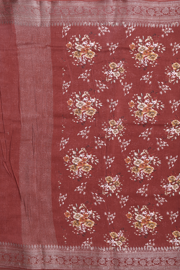Chanderi Cotton Saree In Brick Brown With Floral Design