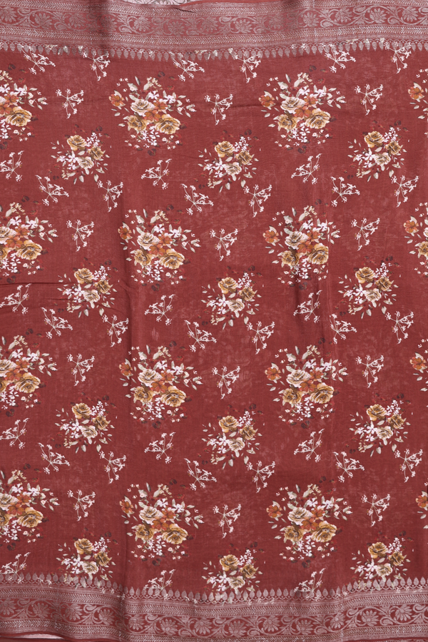 Chanderi Cotton Saree In Brick Brown With Floral Design