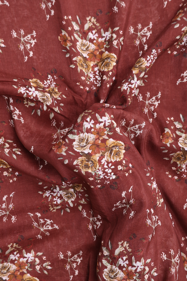 Chanderi Cotton Saree In Brick Brown With Floral Design