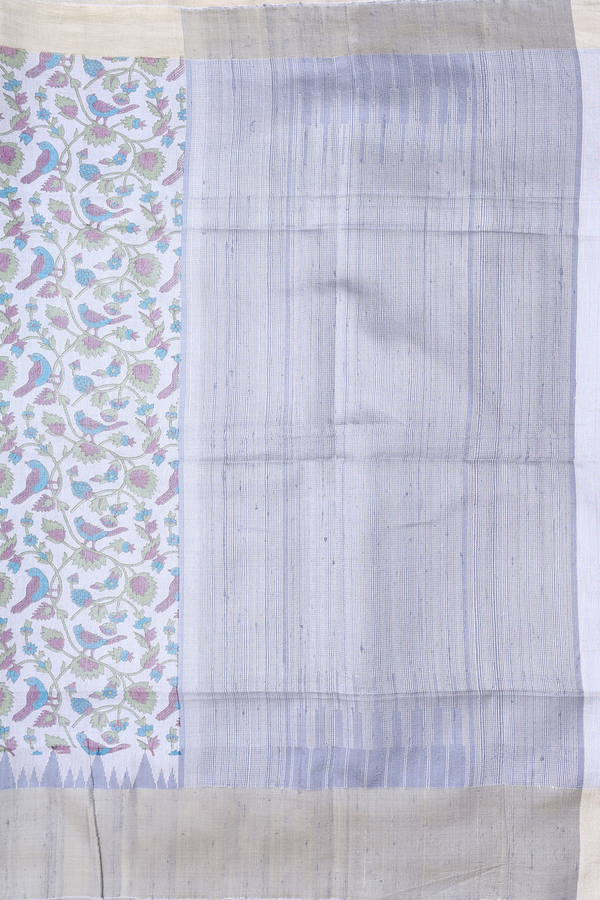 Raw Silk Saree In White With Floral Design
