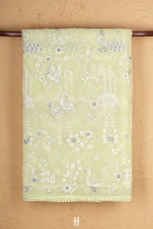 Organza Silk Saree In Pale Green With Embroidered Design