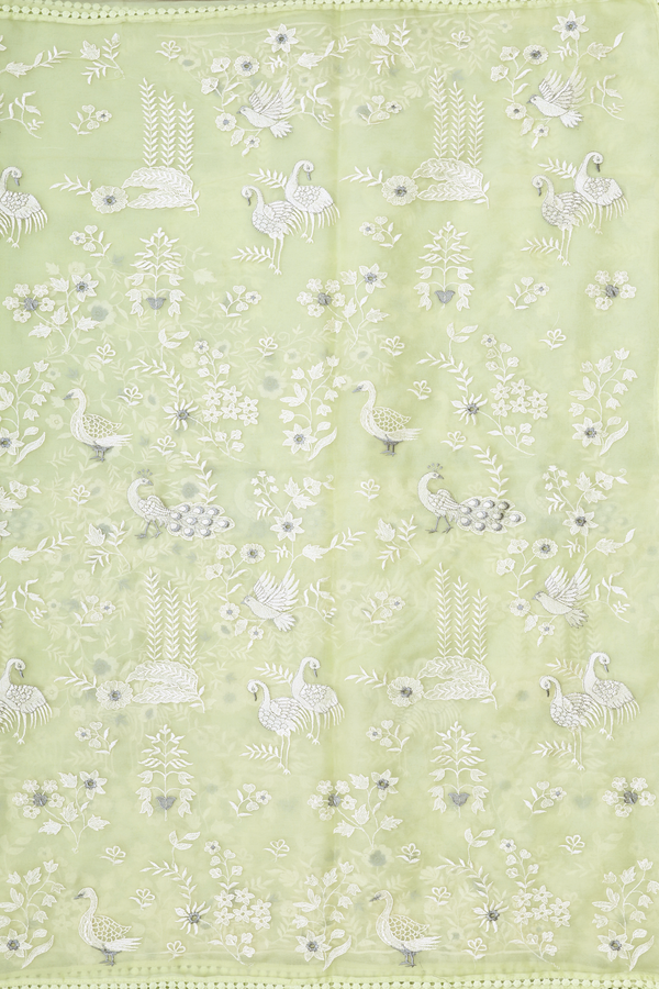 Organza Silk Saree In Pale Green With Embroidered Design