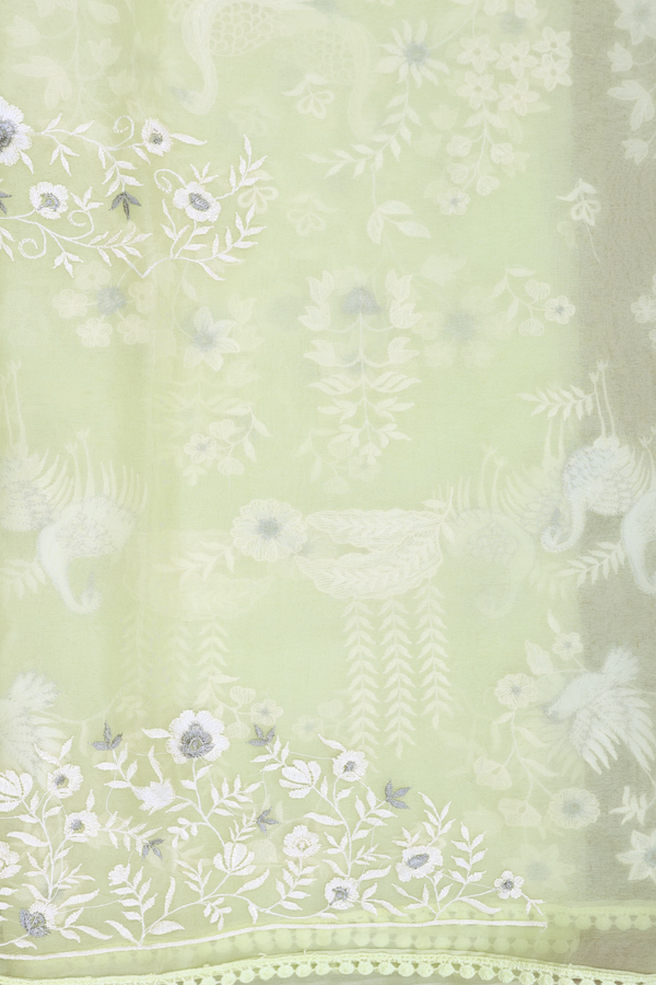 Organza Silk Saree In Pale Green With Embroidered Design