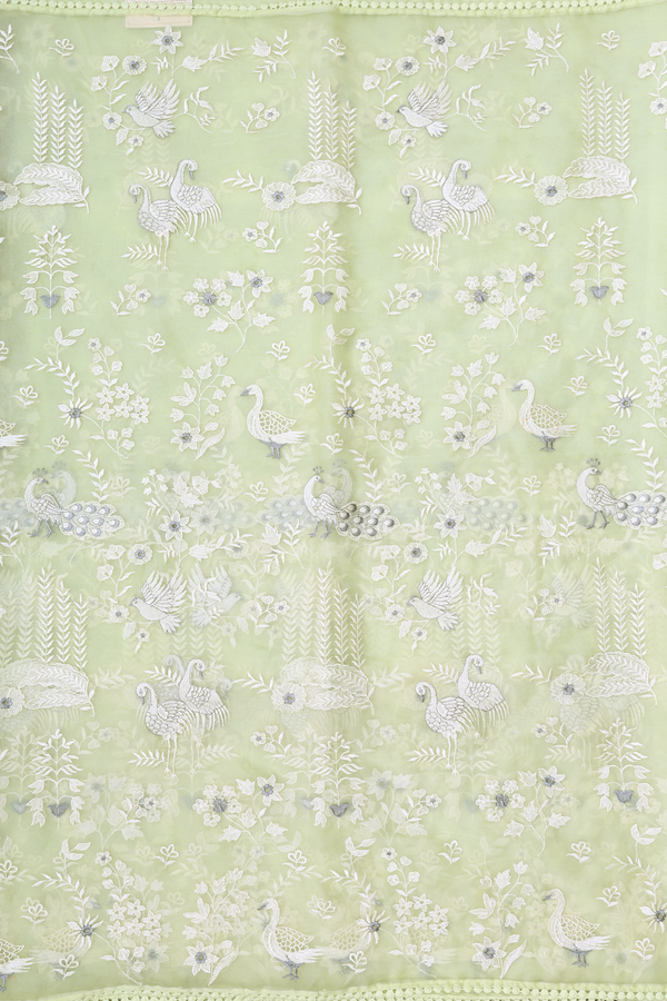 Organza Silk Saree In Pale Green With Embroidered Design