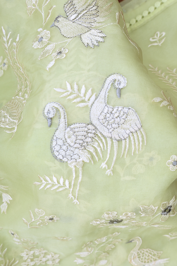 Organza Silk Saree In Pale Green With Embroidered Design