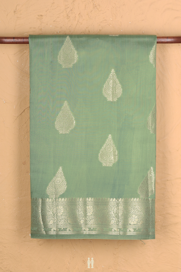 Raw Silk Saree In Sage Green With Zari Motifs