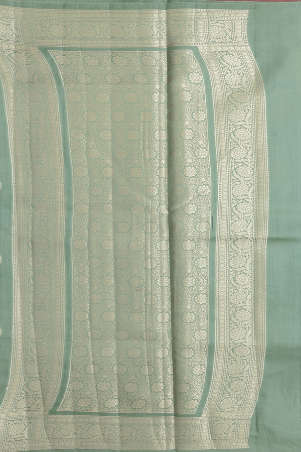 Raw Silk Saree In Sage Green With Zari Motifs