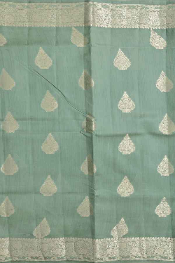 Raw Silk Saree In Sage Green With Zari Motifs