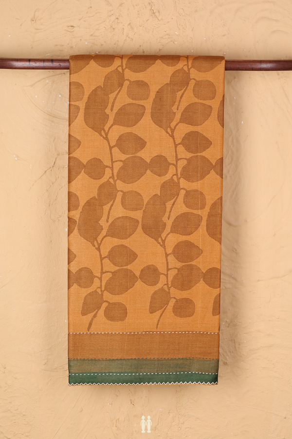Tussar Silk Saree In Honey Orange With Leaf Printed Design