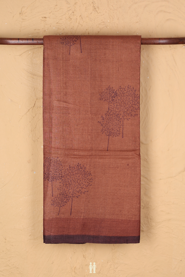 Tussar Silk Saree In Brick Brown With Tree Printed Design