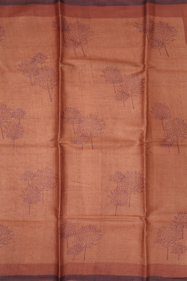 Tussar Silk Saree In Brick Brown With Tree Printed Design
